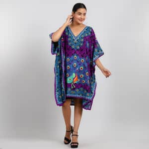 Tamsy Purple Peacock Screen Printed Mid Short Kaftan - One Size Fits Most