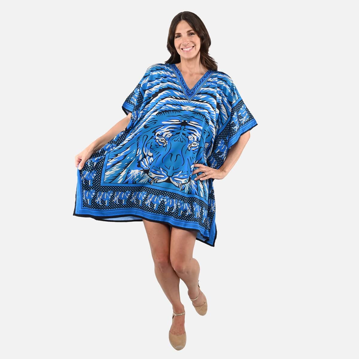 TAMSY Blue Tiger Screen Printed Mid Short Kaftan - One Size Fits Most (36"x41") image number 0