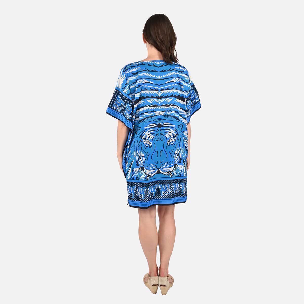 TAMSY Blue Tiger Screen Printed Mid Short Kaftan - One Size Fits Most (36"x41") image number 1