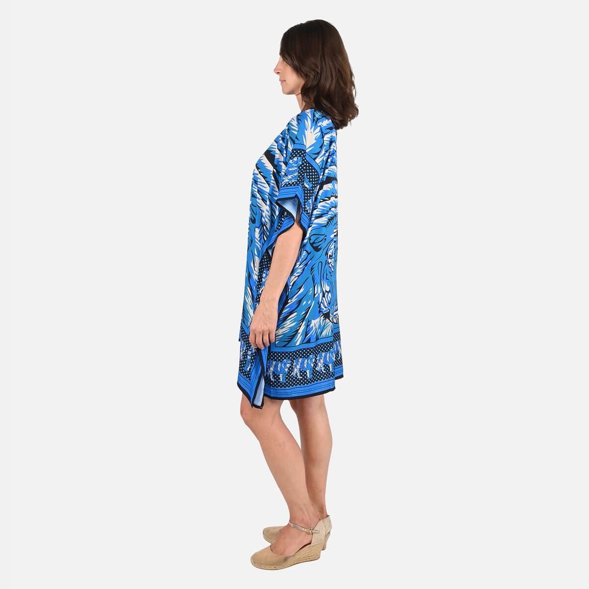TAMSY Blue Tiger Screen Printed Mid Short Kaftan - One Size Fits Most (36"x41") image number 2