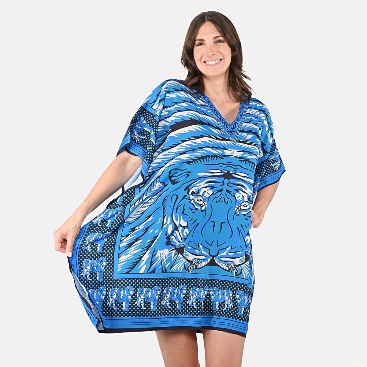 TAMSY Blue Tiger Screen Printed Mid Short Kaftan - One Size Fits Most (36"x41") image number 3