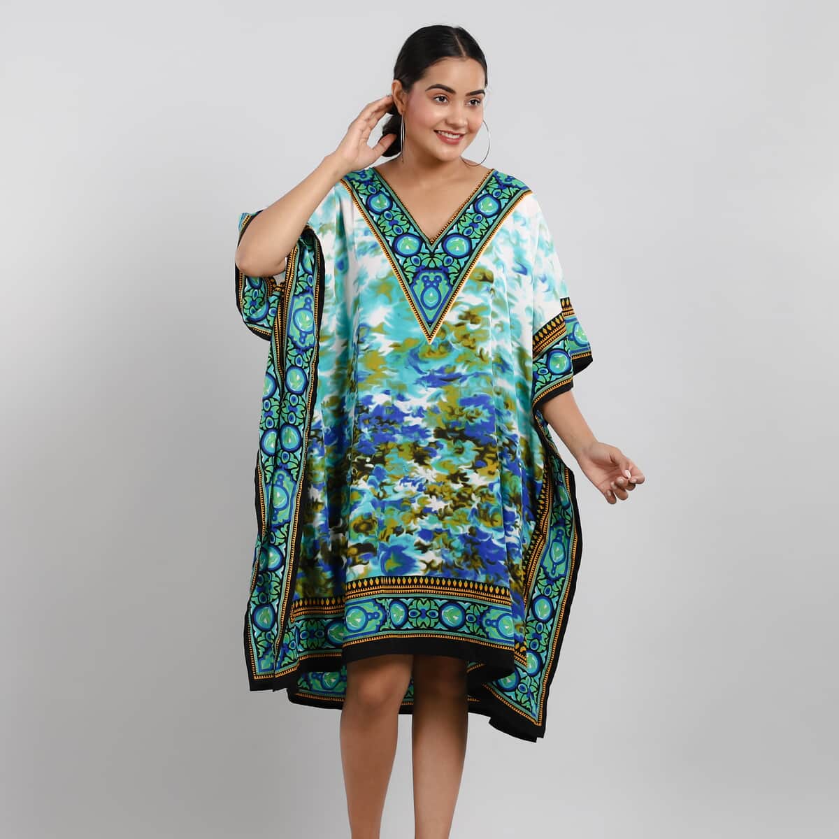 TAMSY Blue Floral Screen Printed Mid Short Kaftan - One Size Fits Most (36"x41") image number 0
