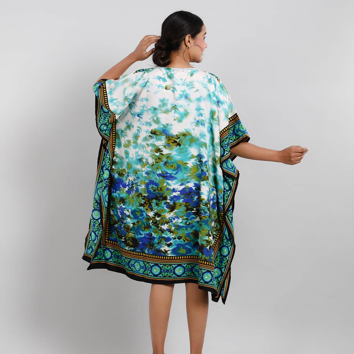 TAMSY Blue Floral Screen Printed Mid Short Kaftan - One Size Fits Most (36"x41") image number 2