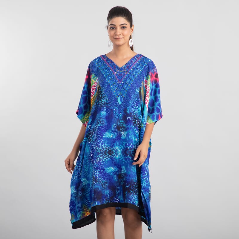 Tamsy Blue Animal Fantasy Screen Printed Mid Short Kaftan - One Size Fits Most