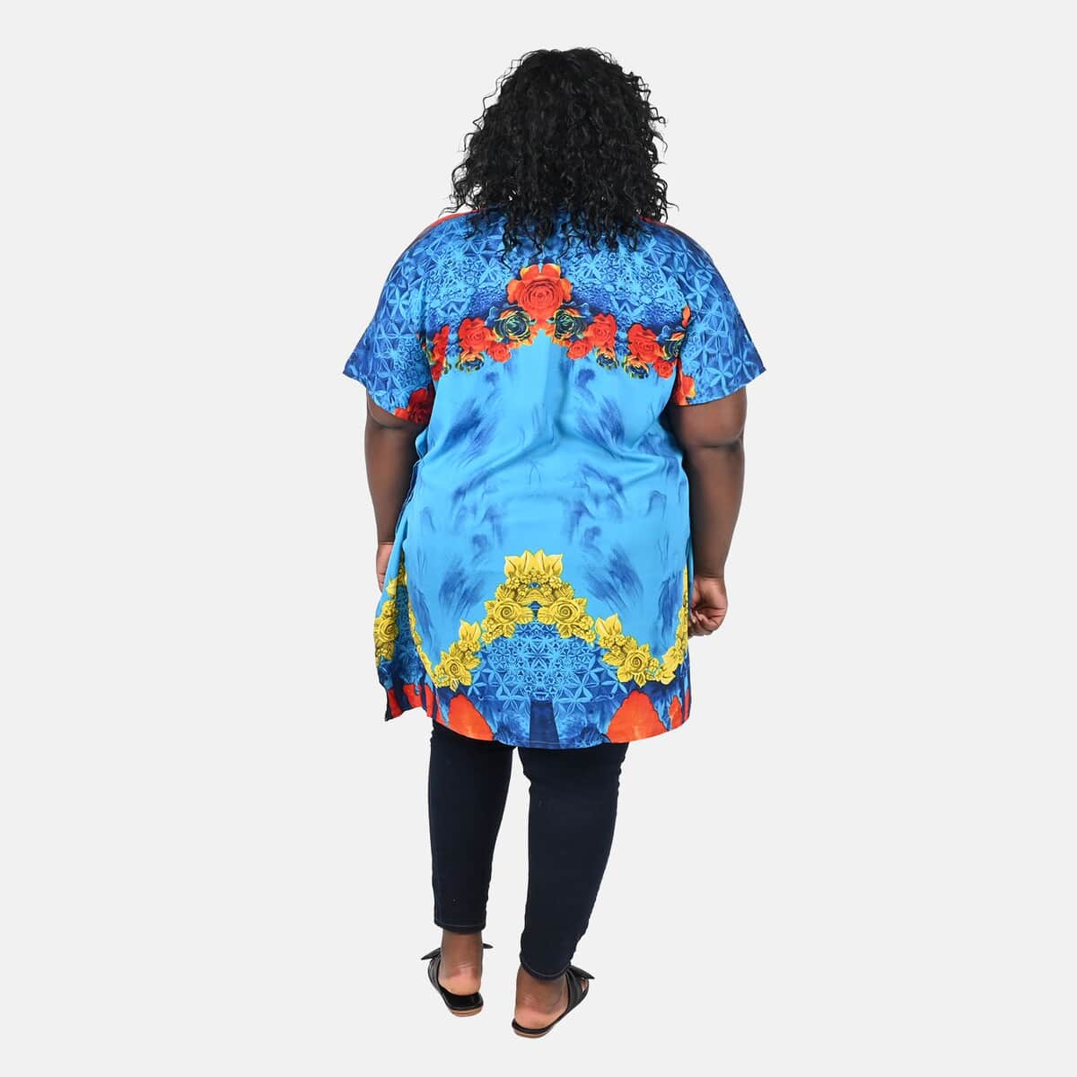 TAMSY Blue kaleidoscope Screen Printed Mid Short Kaftan - One Size Fits Most (36"x41") image number 1