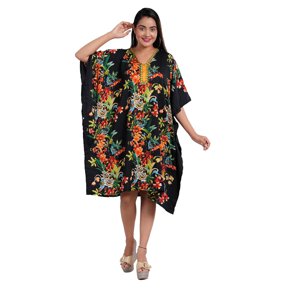 JOVIE Black Tropical Screen Printed Mid Short Kaftan - One Size Fits Most (15"Lx16"W) image number 0