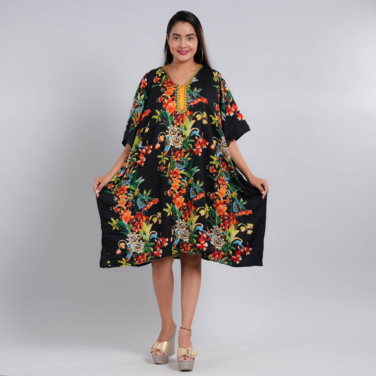 JOVIE Black Tropical Screen Printed Mid Short Kaftan - One Size Fits Most (15"Lx16"W) image number 1