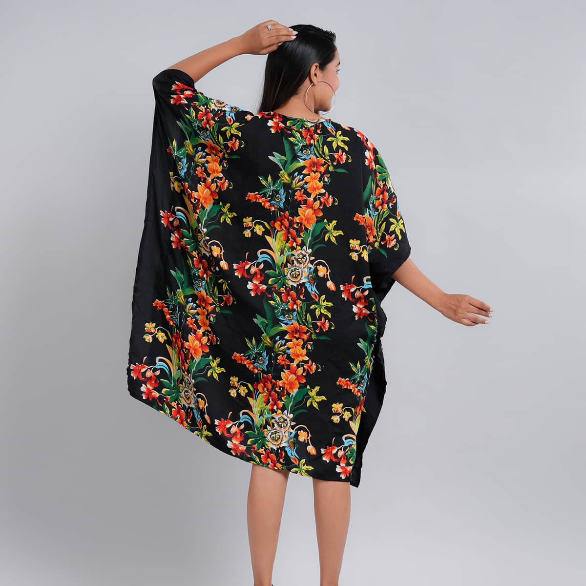 JOVIE Black Tropical Screen Printed Mid Short Kaftan - One Size Fits Most (15"Lx16"W) image number 2