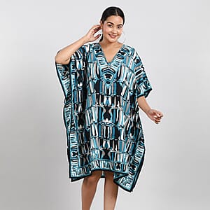 Tamsy Turquoise Fantasy Screen Printed Mid Short Kaftan - One Size Fits Most