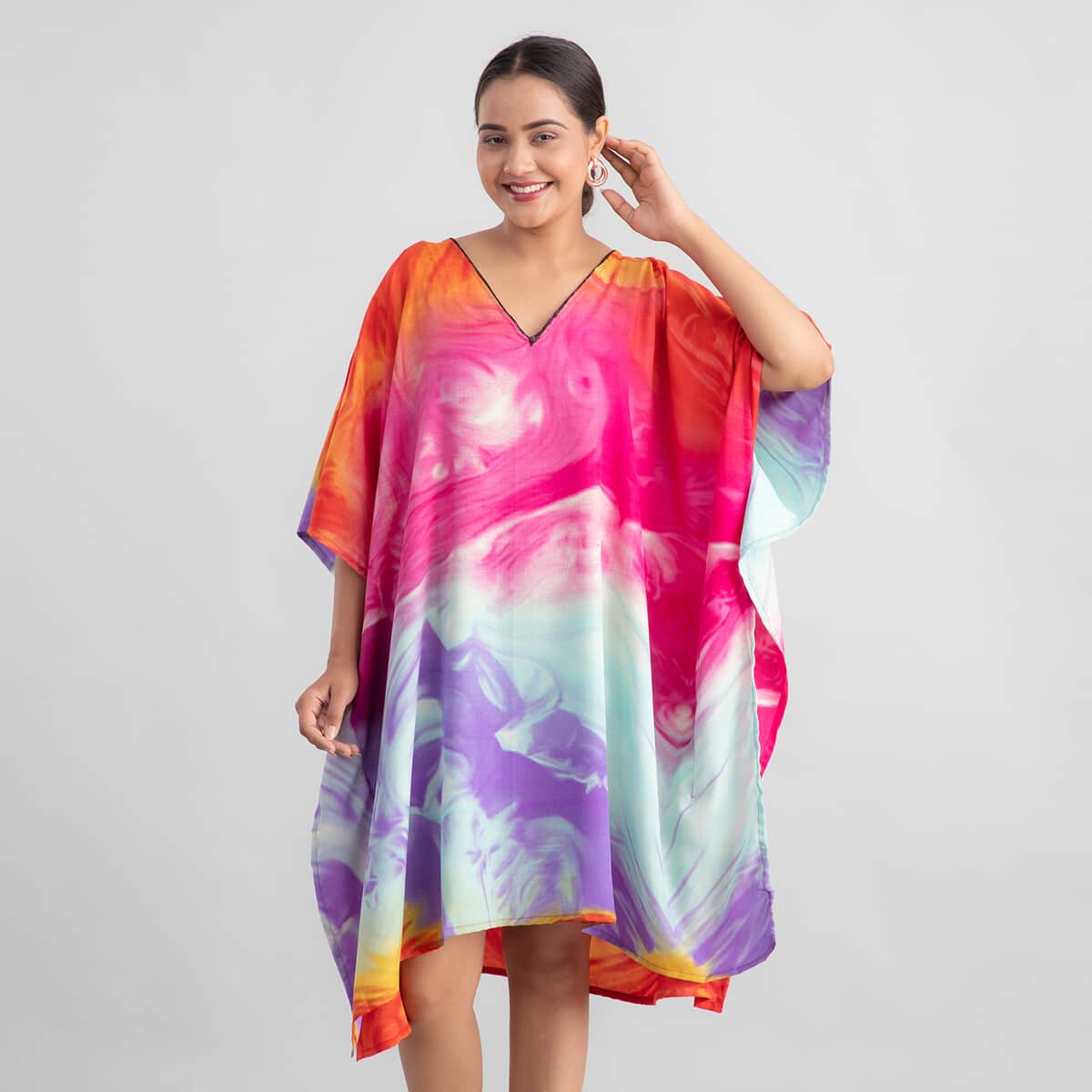 TAMSY Marble Blue Pink Screen Printed Mid Short Kaftan - One Size Fits Most (36"x41") image number 0