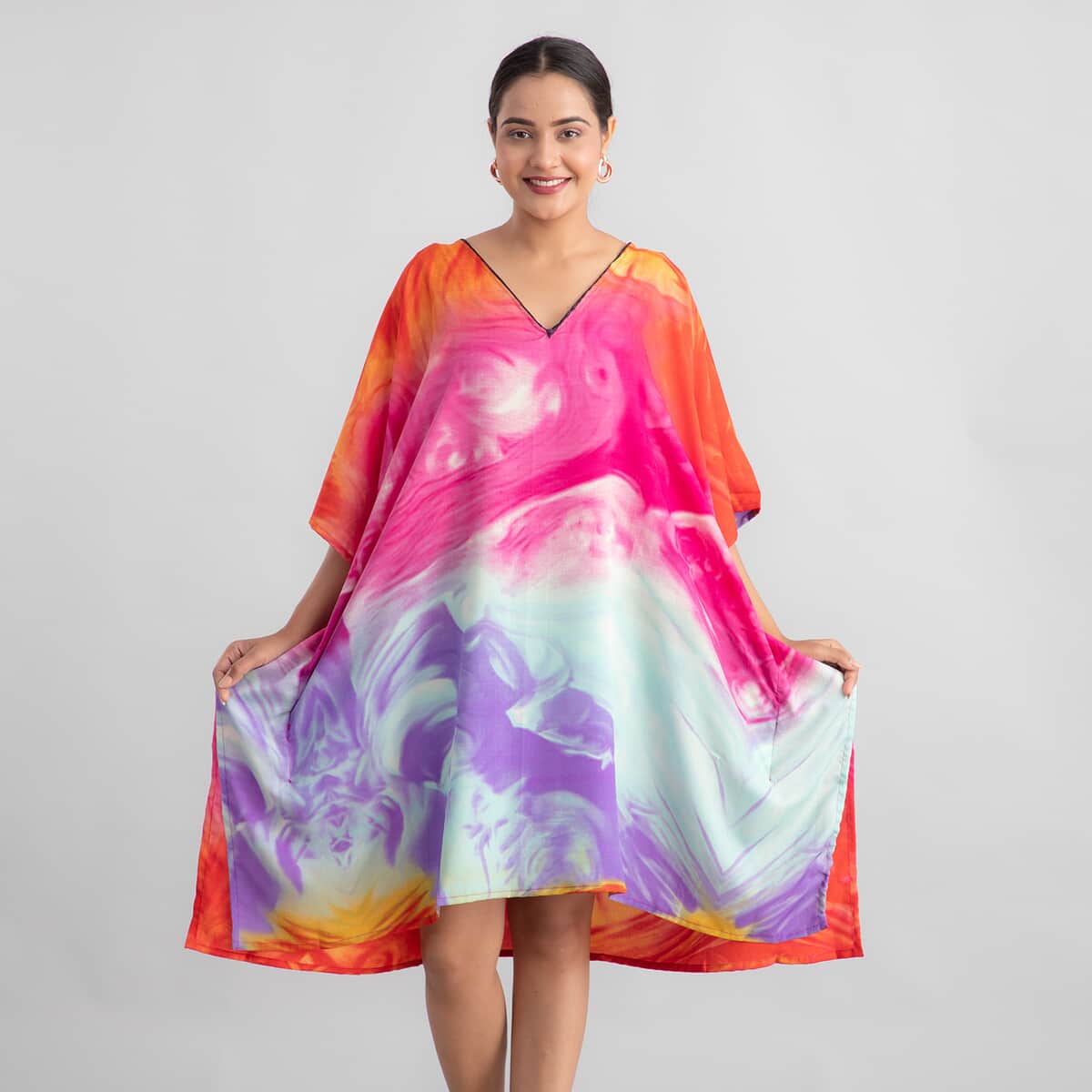 TAMSY Marble Blue Pink Screen Printed Mid Short Kaftan - One Size Fits Most (36"x41") image number 1
