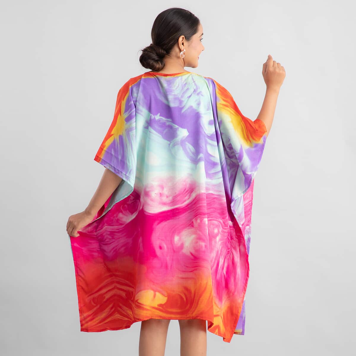 TAMSY Marble Blue Pink Screen Printed Mid Short Kaftan - One Size Fits Most (36"x41") image number 2