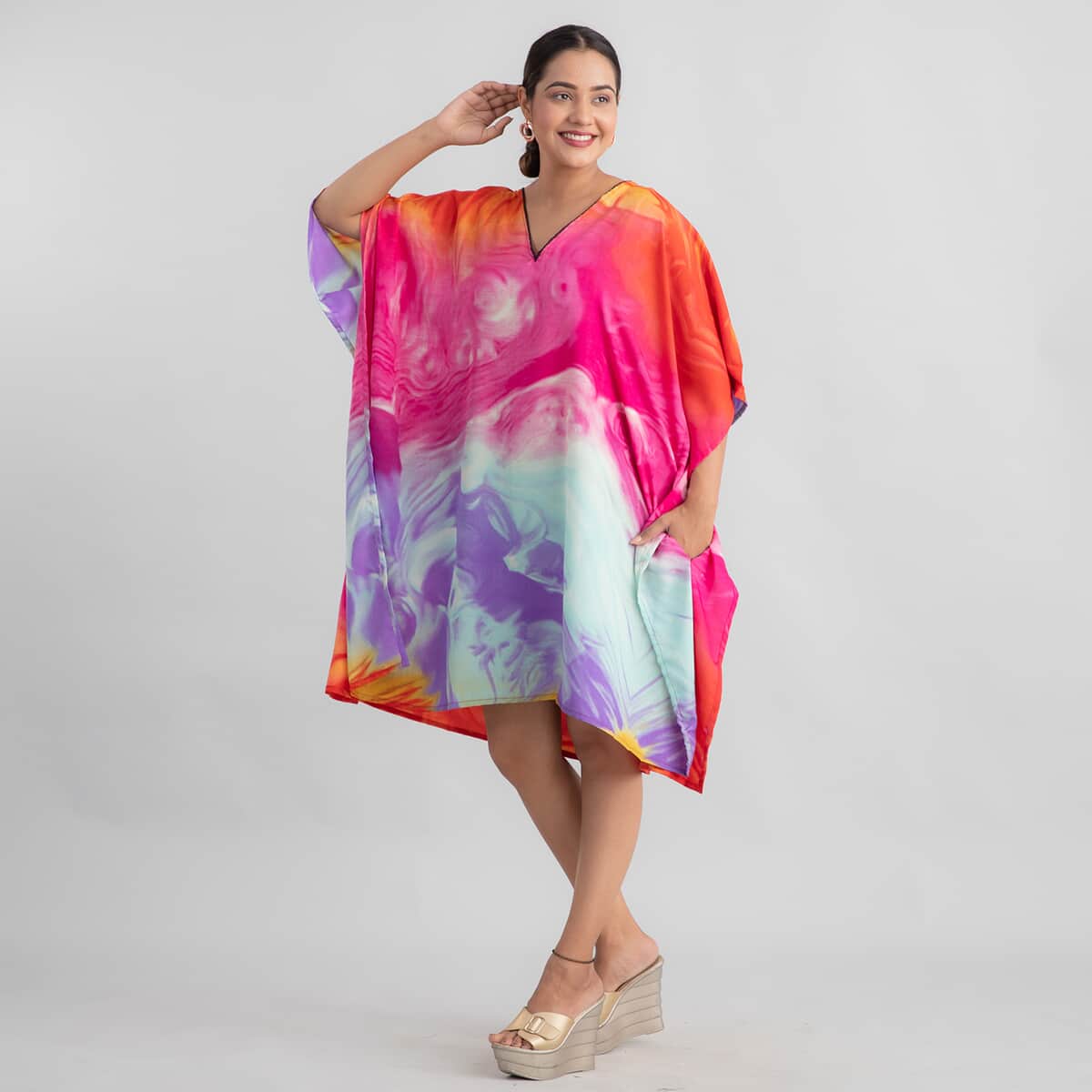 TAMSY Marble Blue Pink Screen Printed Mid Short Kaftan - One Size Fits Most (36"x41") image number 3