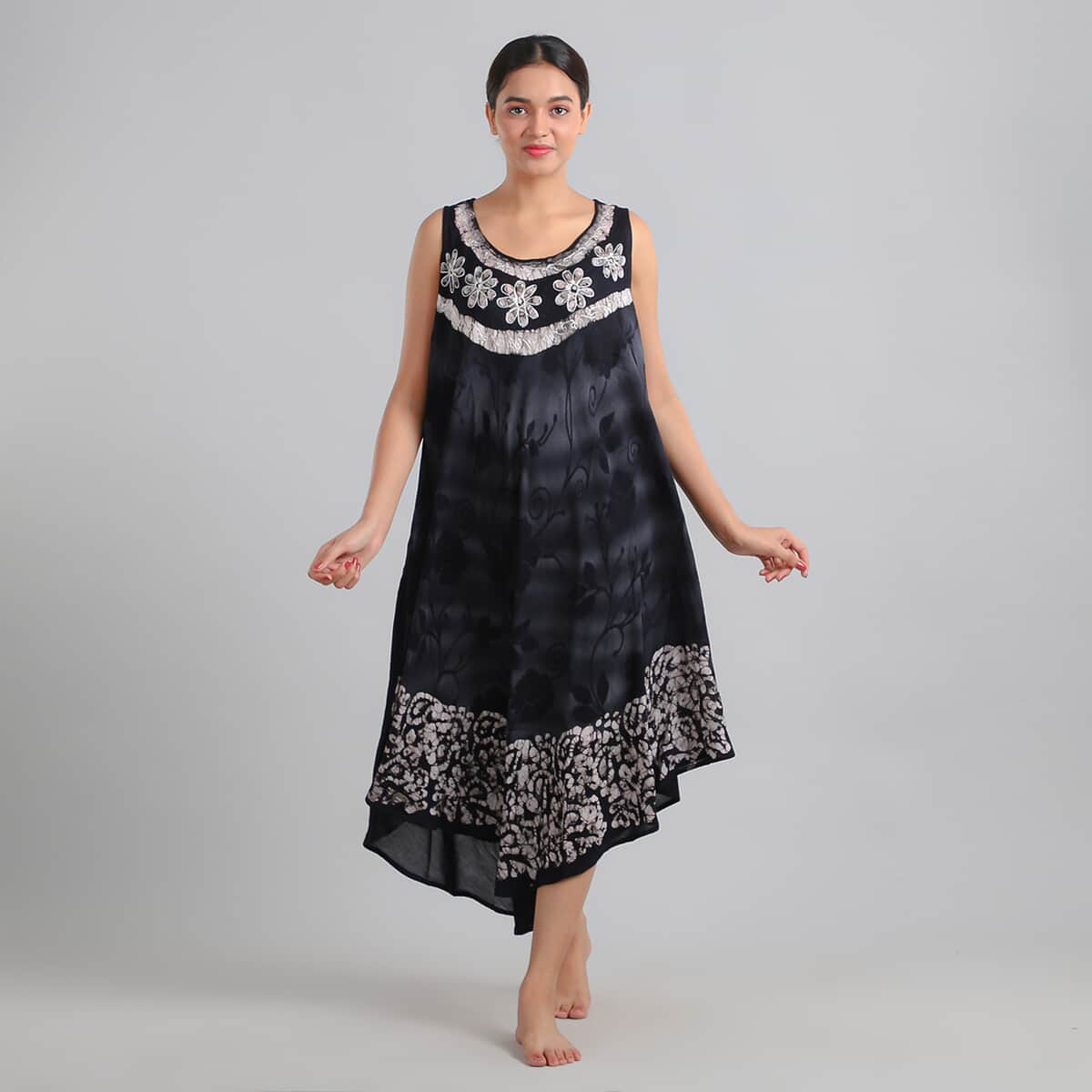 Tamsy Neutral Women's Batik Print and Floral Embroidered Umbrella Dress - One Size Plus image number 1