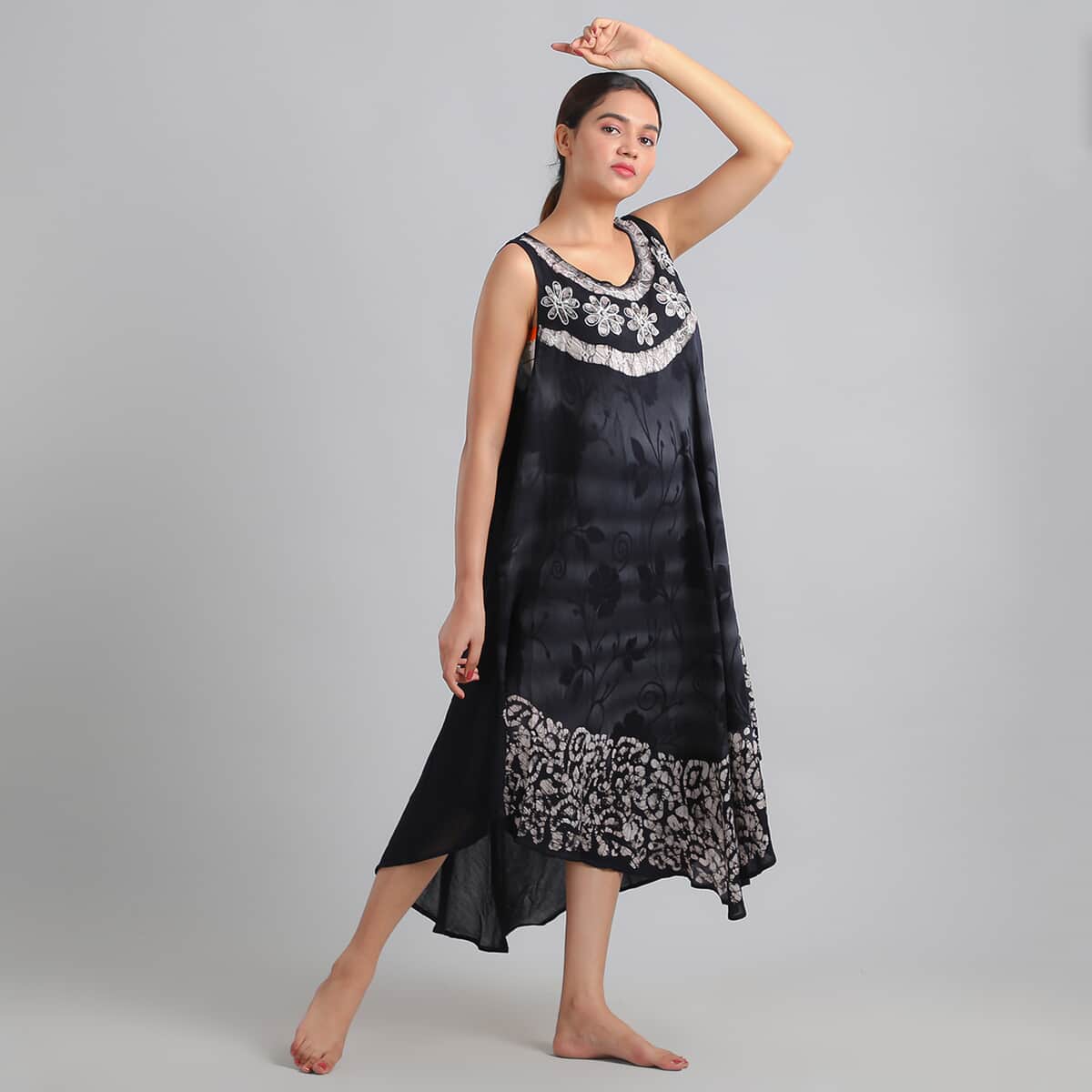 Tamsy Neutral Women's Batik Print and Floral Embroidered Umbrella Dress - One Size Plus image number 3