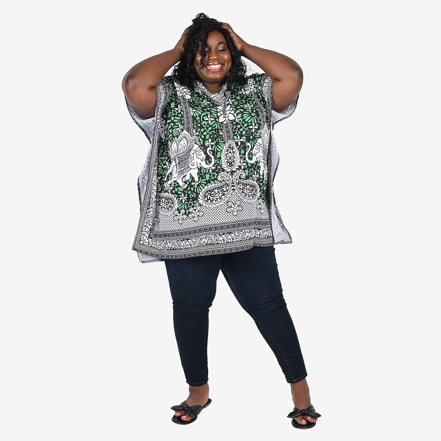 Tamsy Green Paisley Elephant Screen Printed Short Kaftan - One Size Fits Most