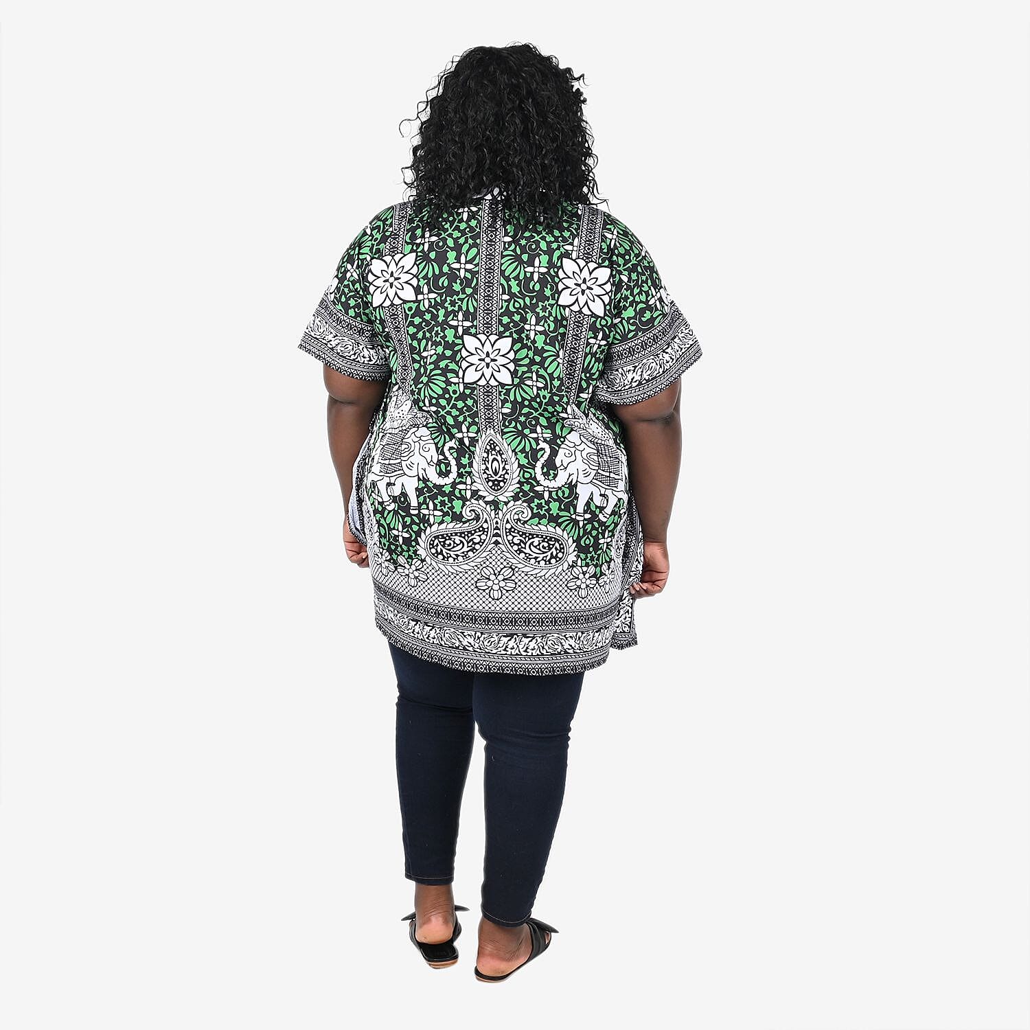 Tamsy Green Paisley Elephant Screen Printed Short Kaftan - One Size Fits Most