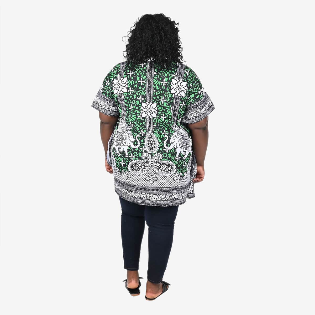 TAMSY Green Paisley Elephant Screen Printed Short Kaftan - One Size Fits Most (36"x41") image number 1