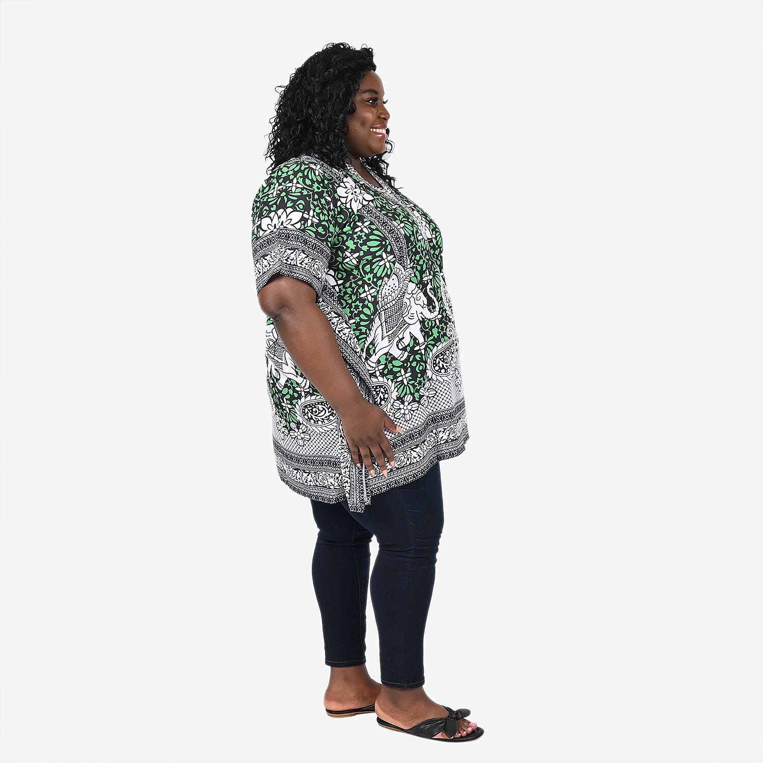 Tamsy Green Paisley Elephant Screen Printed Short Kaftan - One Size Fits Most