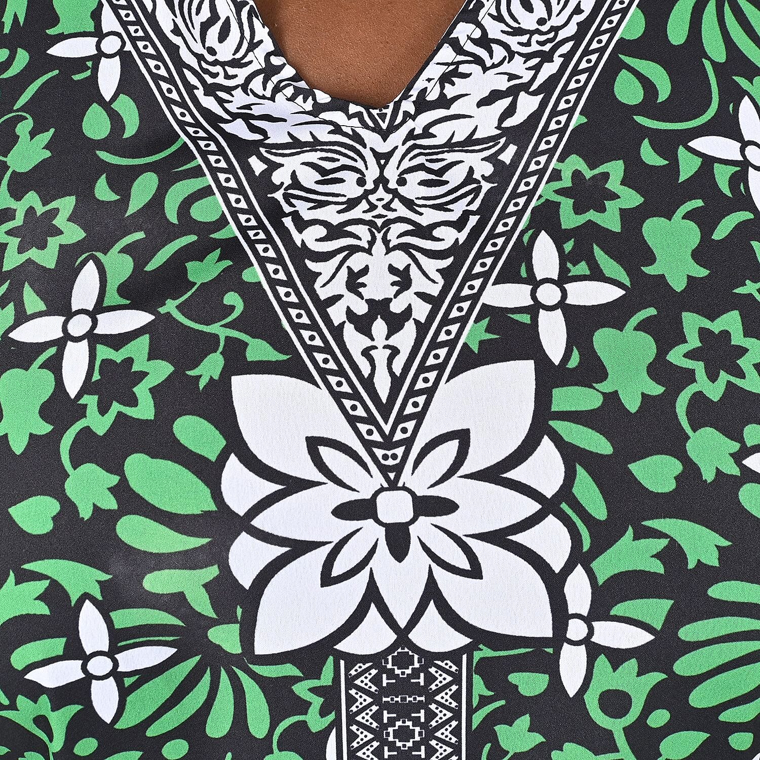 Tamsy Green Paisley Elephant Screen Printed Short Kaftan - One Size Fits Most
