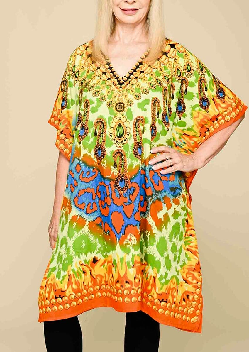Tamsy Orange Cheetah Screen Printed Short Kaftan - One Size Fits Most image number 3