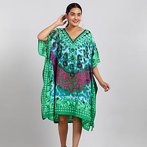 Tamsy Green Cheetah Screen Printed Short Kaftan - One Size Fits Most