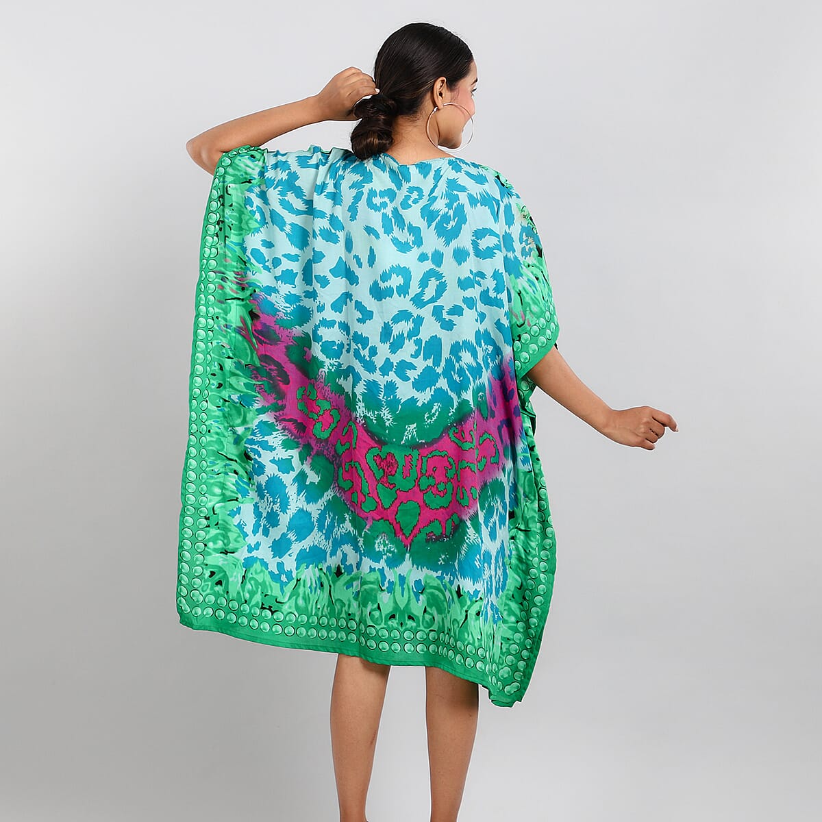 Tamsy Green Cheetah Screen Printed Short Kaftan - One Size Fits Most image number 2
