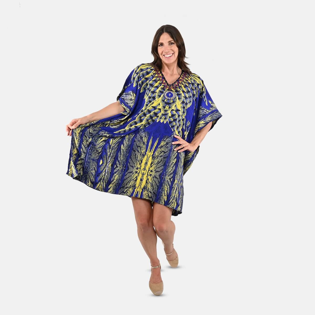 TAMSY Blue Feather Screen Printed Short Kaftan - One Size Fits Most (36"x41") image number 0
