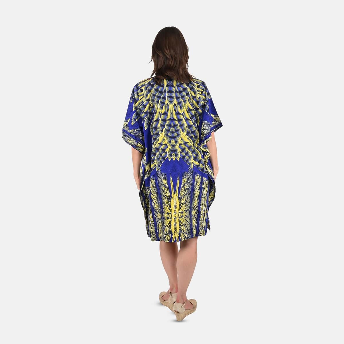 TAMSY Blue Feather Screen Printed Short Kaftan - One Size Fits Most (36"x41") image number 1