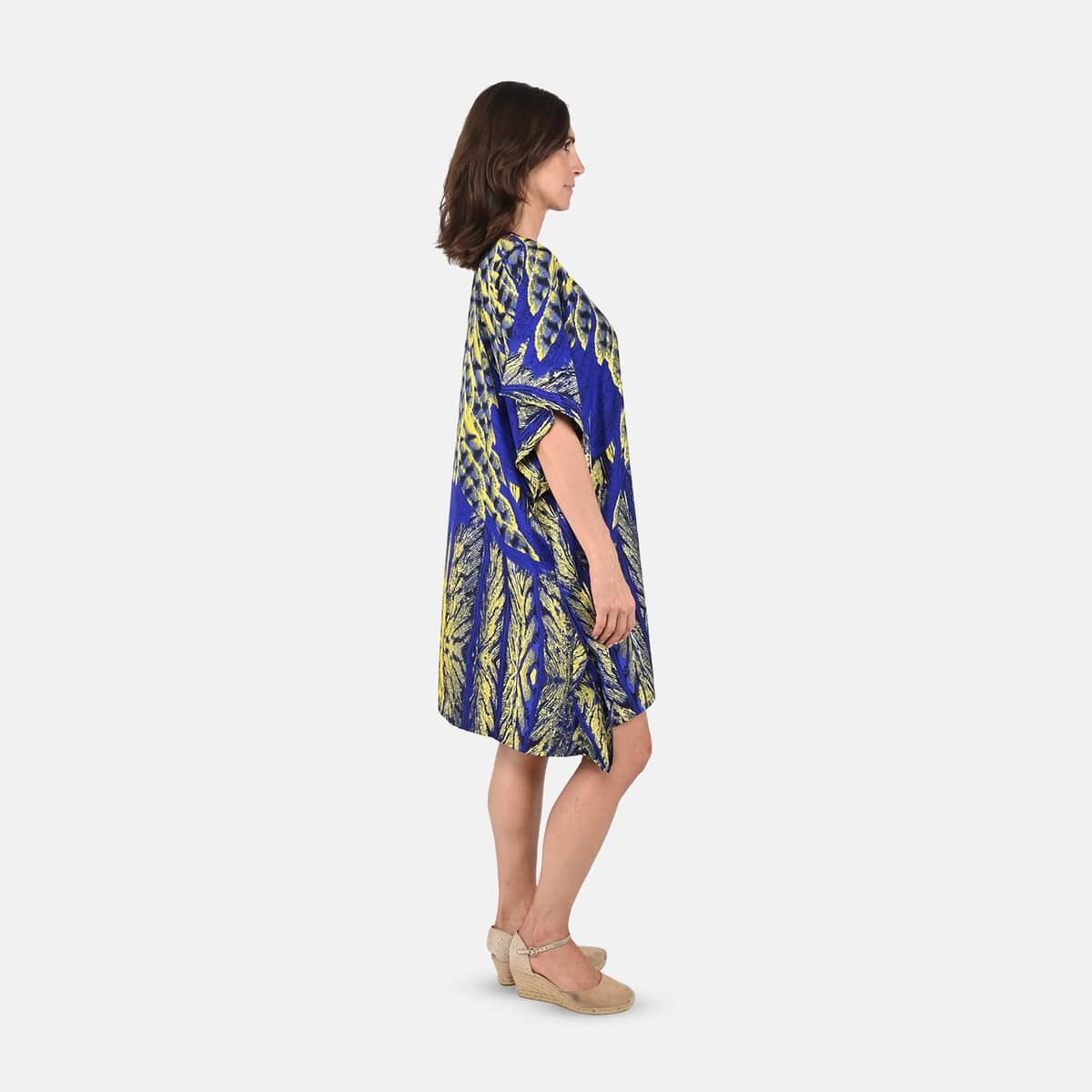 TAMSY Blue Feather Screen Printed Short Kaftan - One Size Fits Most (36"x41") image number 2