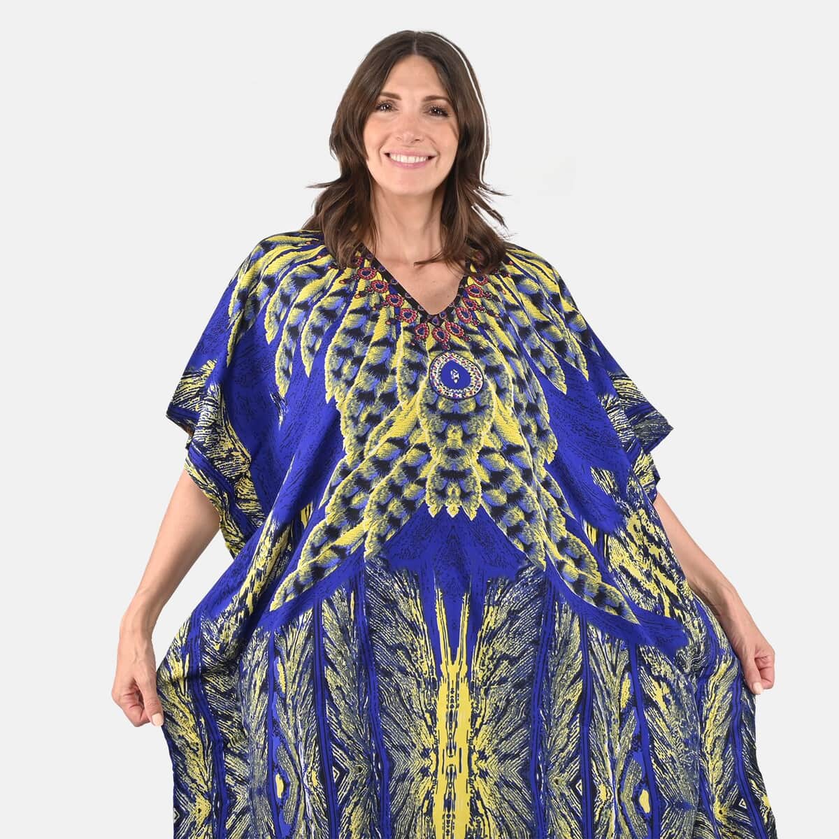 TAMSY Blue Feather Screen Printed Short Kaftan - One Size Fits Most (36"x41") image number 3