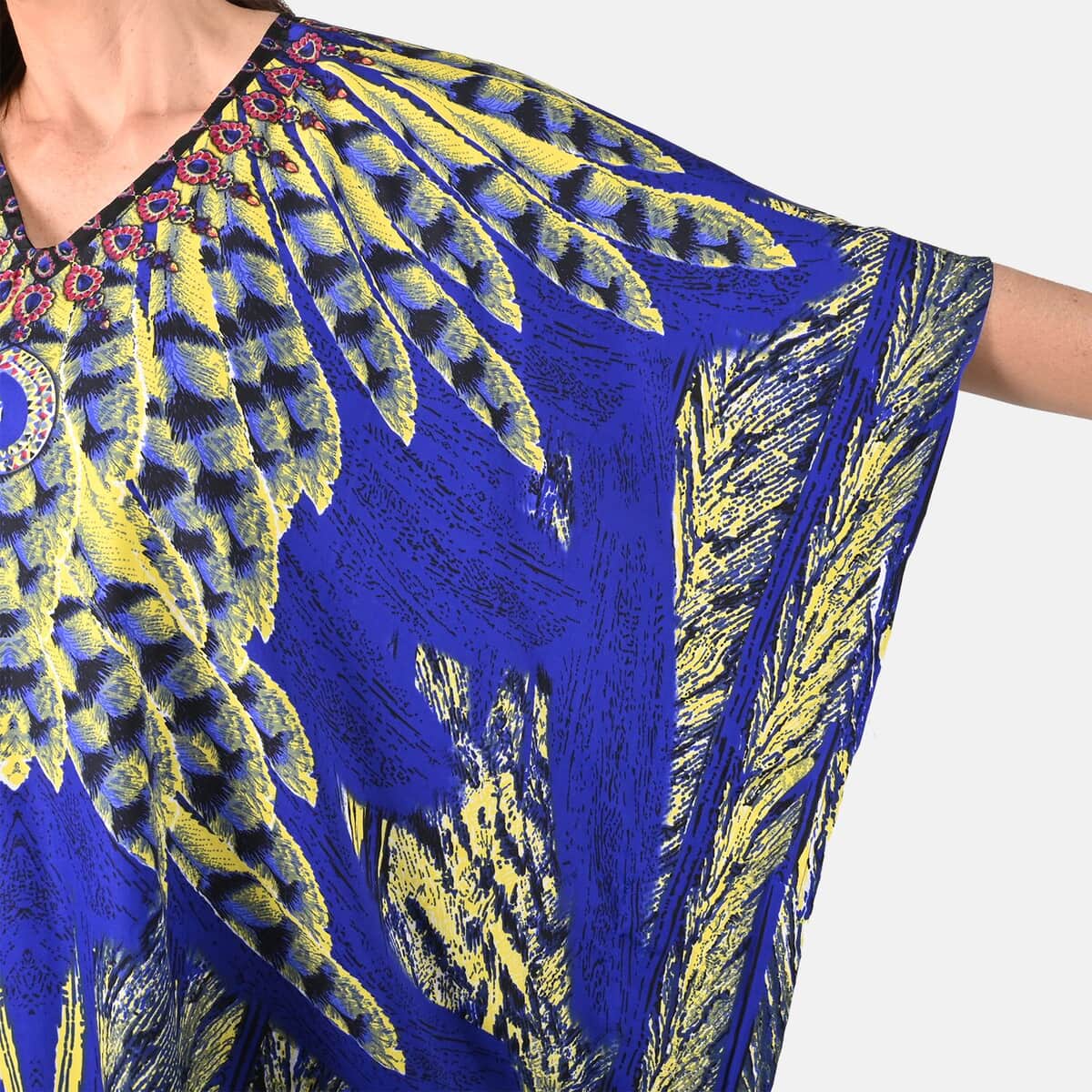 TAMSY Blue Feather Screen Printed Short Kaftan - One Size Fits Most (36"x41") image number 4