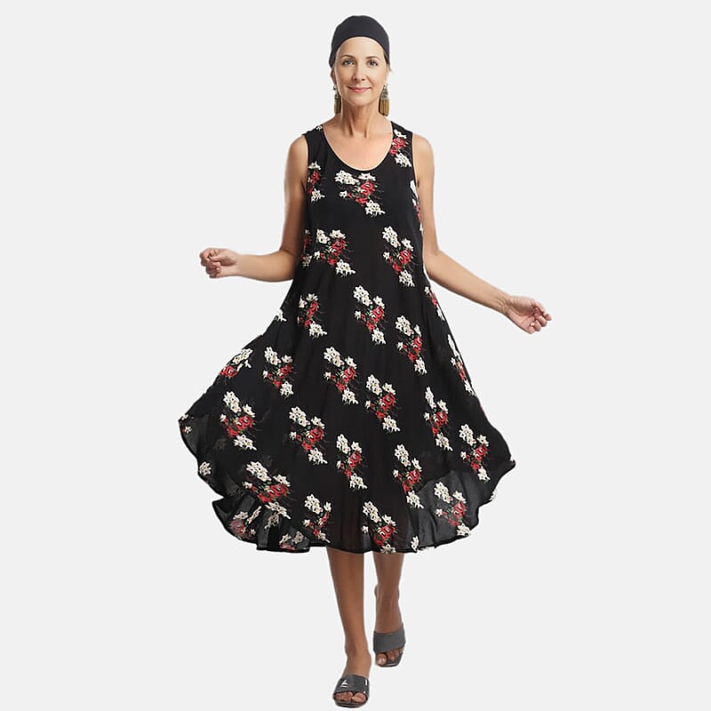 Tamsy Black Women's Repeat Floral Print Umbrella Dress - One Size Missy