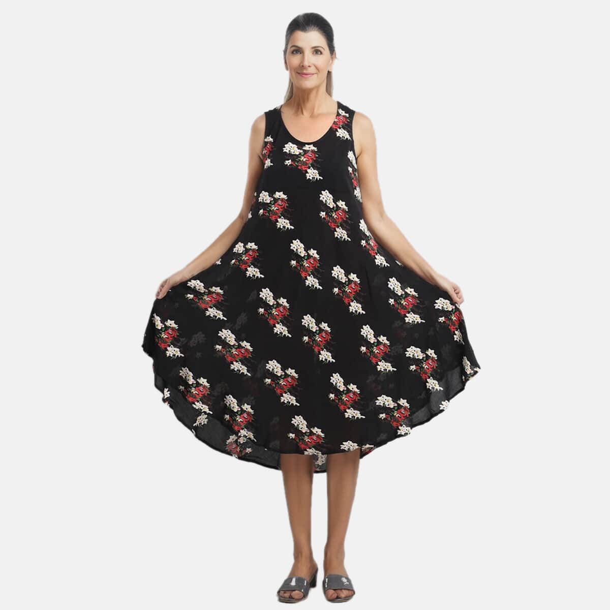 TAMSY Black Women's Repeat Floral Print Umbrella Dress -One Size Missy (44"x23") image number 1