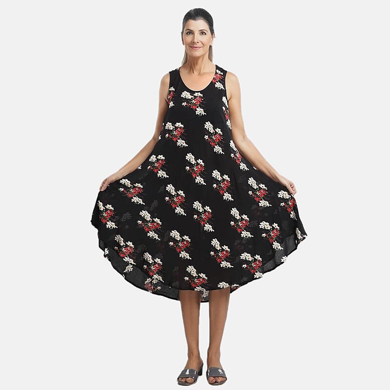 Tamsy Black Women's Repeat Floral Print Umbrella Dress - One Size Missy