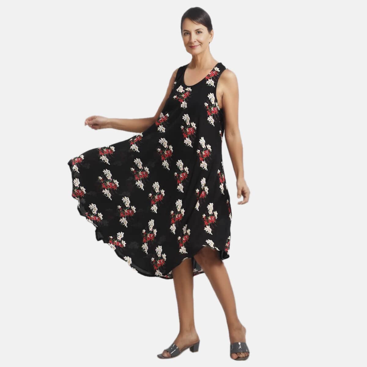TAMSY Black Women's Repeat Floral Print Umbrella Dress -One Size Missy (44"x23") image number 3