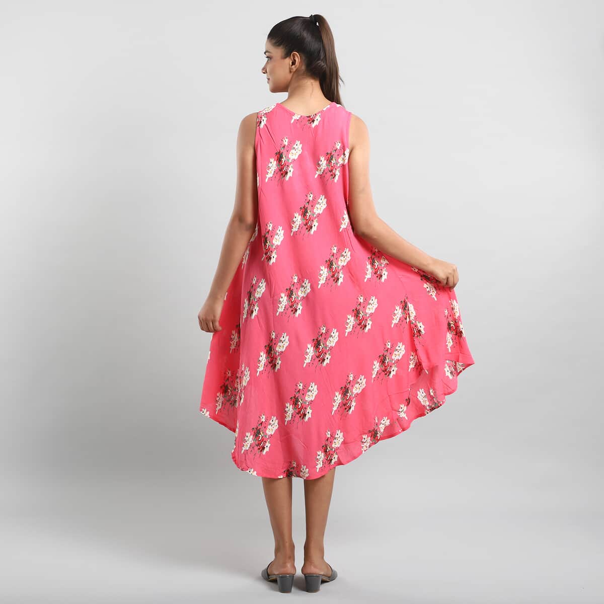 Tamsy Hot Pink Women's Repeat Floral Print Umbrella Dress -One Size Missy image number 2