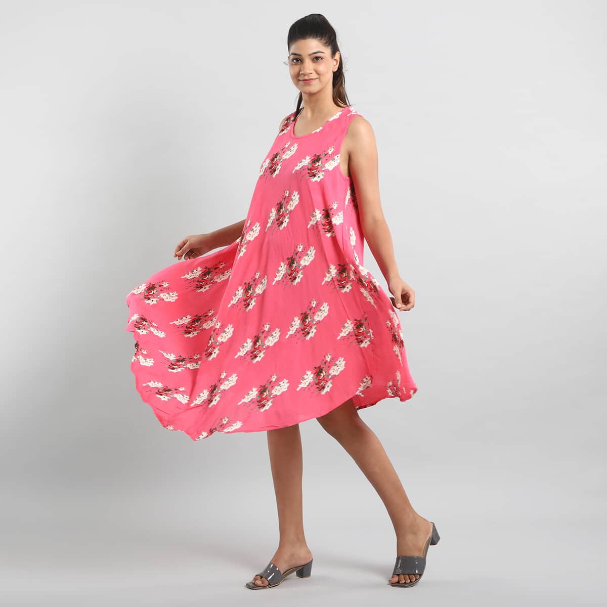 Tamsy Hot Pink Women's Repeat Floral Print Umbrella Dress -One Size Missy image number 3