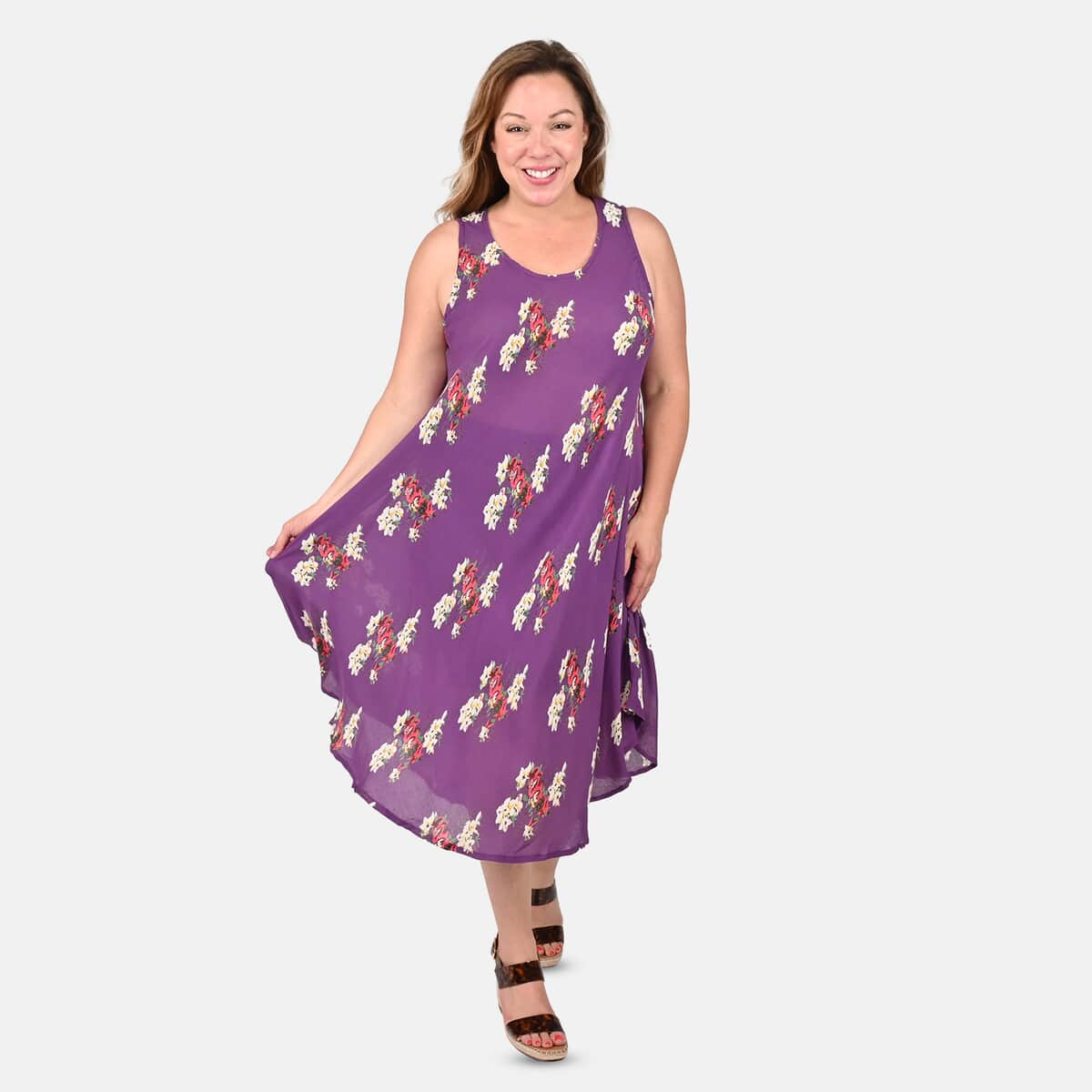 Tamsy Purple Women's Repeat Floral Print Umbrella Dress -One Size Missy image number 0