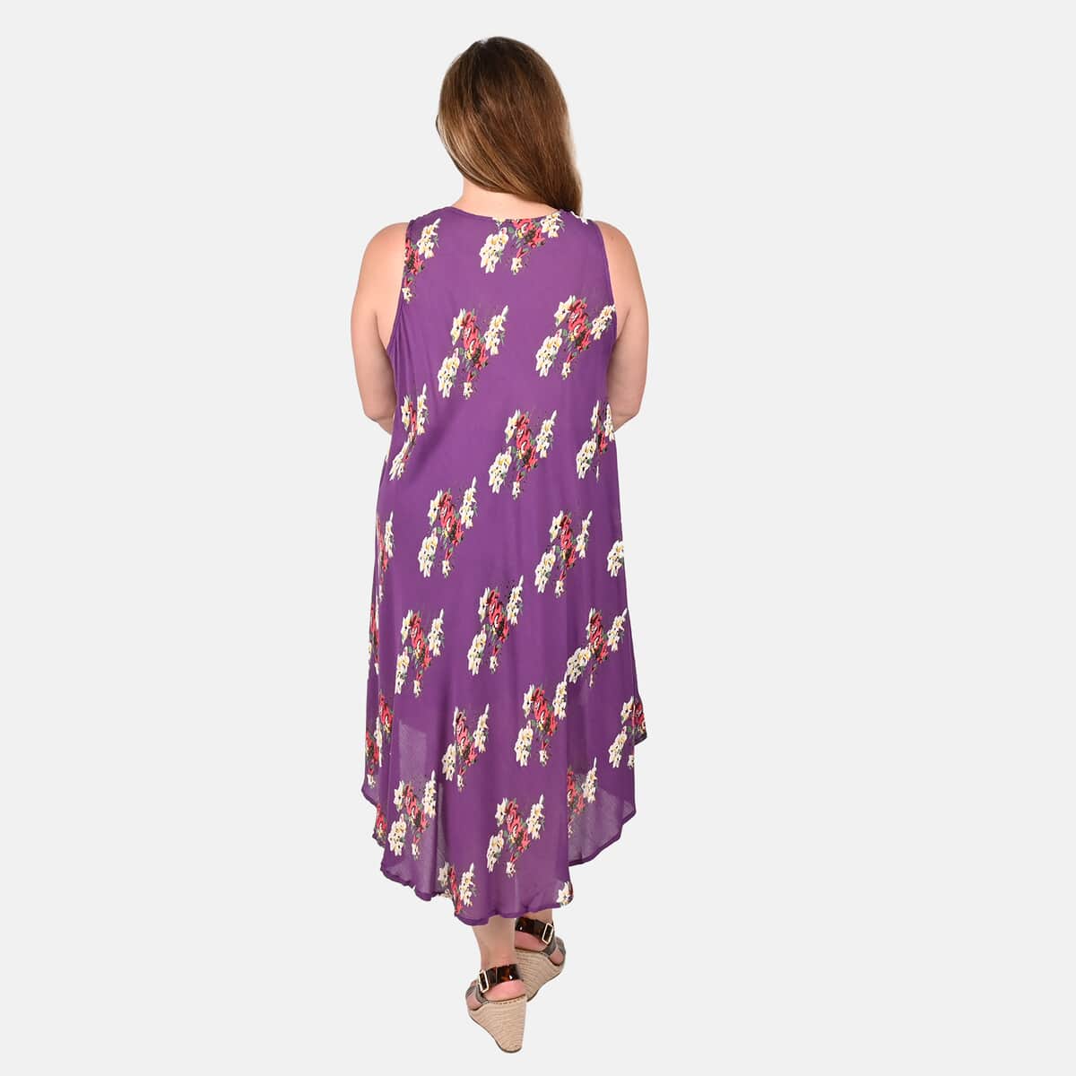 Tamsy Purple Women's Repeat Floral Print Umbrella Dress -One Size Missy image number 1