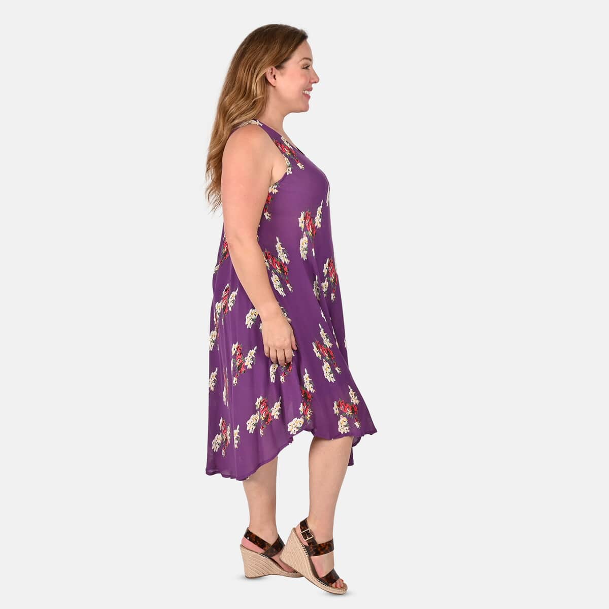 Tamsy Purple Women's Repeat Floral Print Umbrella Dress -One Size Missy image number 2