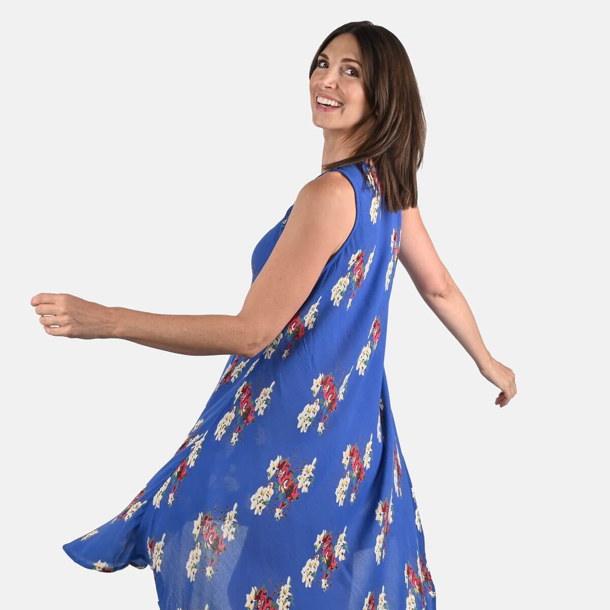 Tamsy Blue Women's Repeat Floral Print Umbrella Dress -One Size Plus image number 3