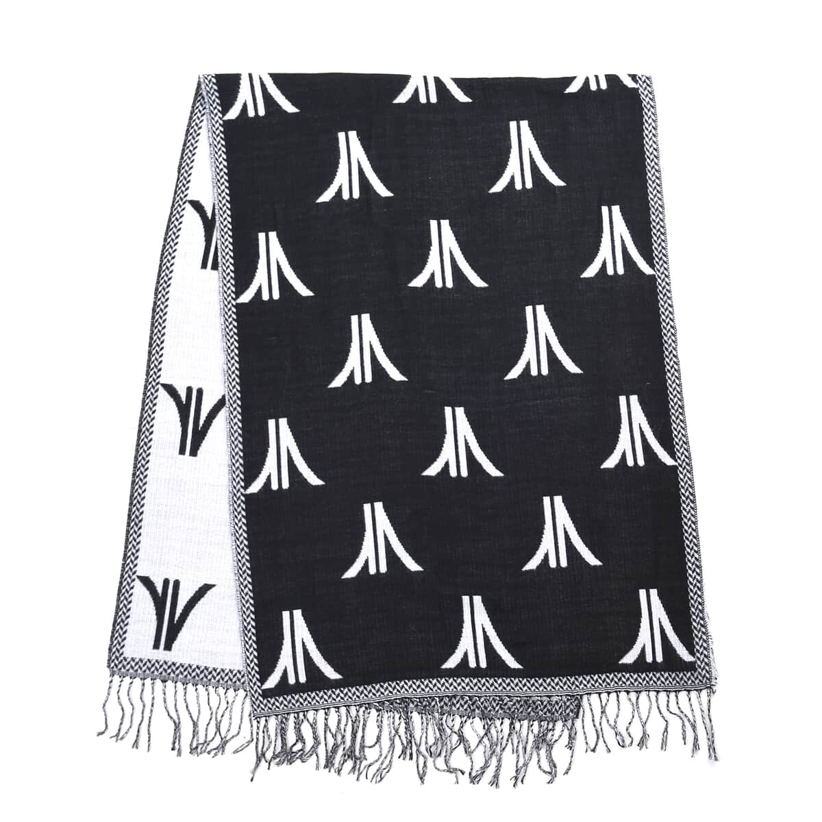 Black and White Pashmina Poncho with Tassels (23.5"x70.5") image number 0