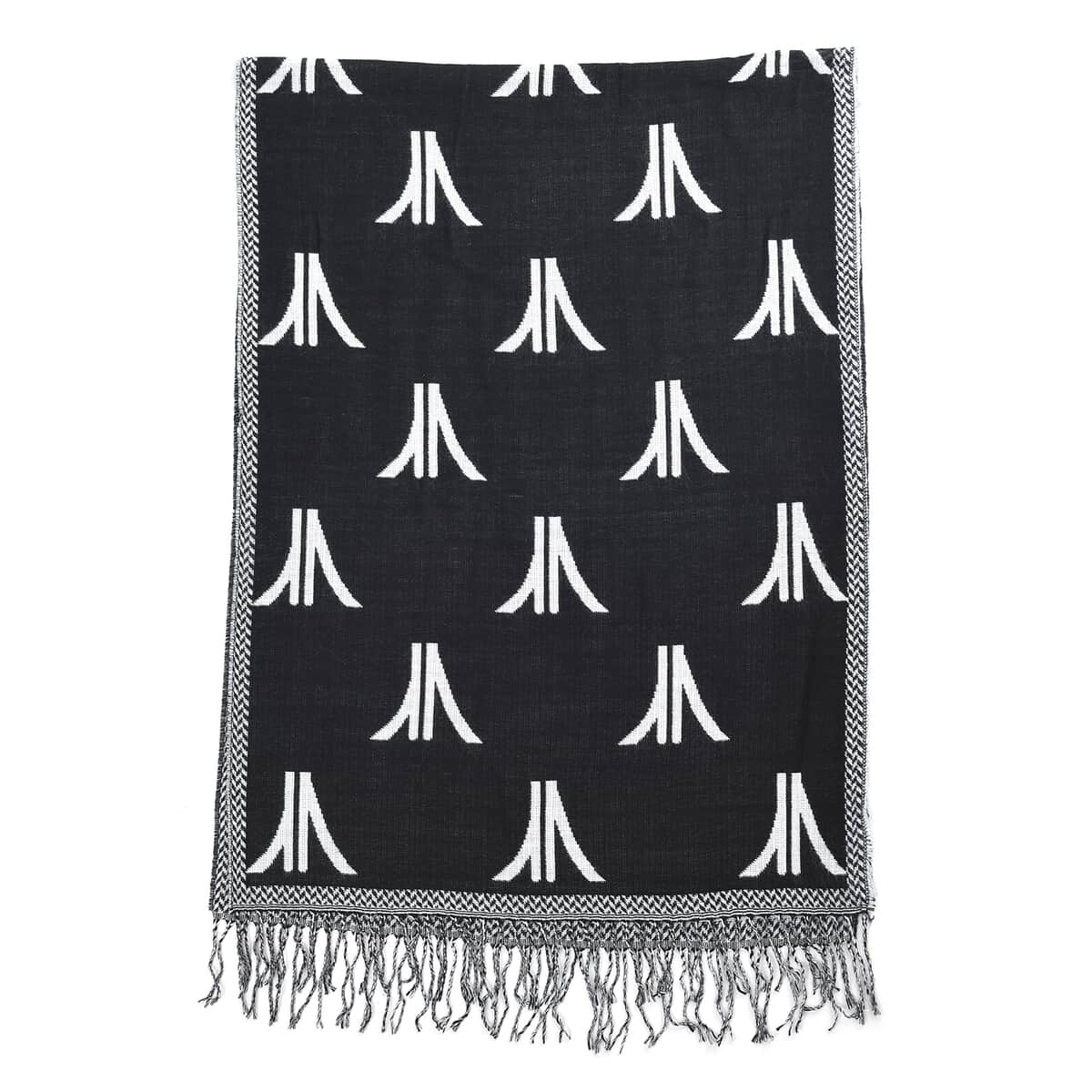 Black and White Pashmina Poncho with Tassels (23.5"x70.5") image number 1