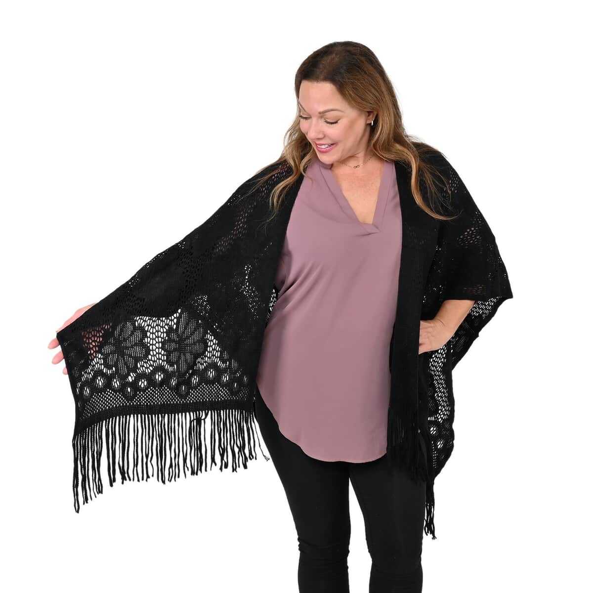 Black Hollow Out Design Poncho with Swinging Tassels image number 0