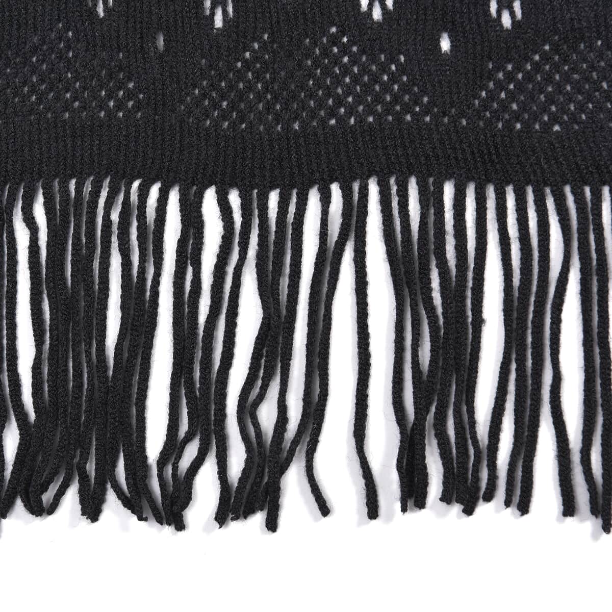 Black Hollow Out Design Poncho with Swinging Tassels (31"x63") image number 1