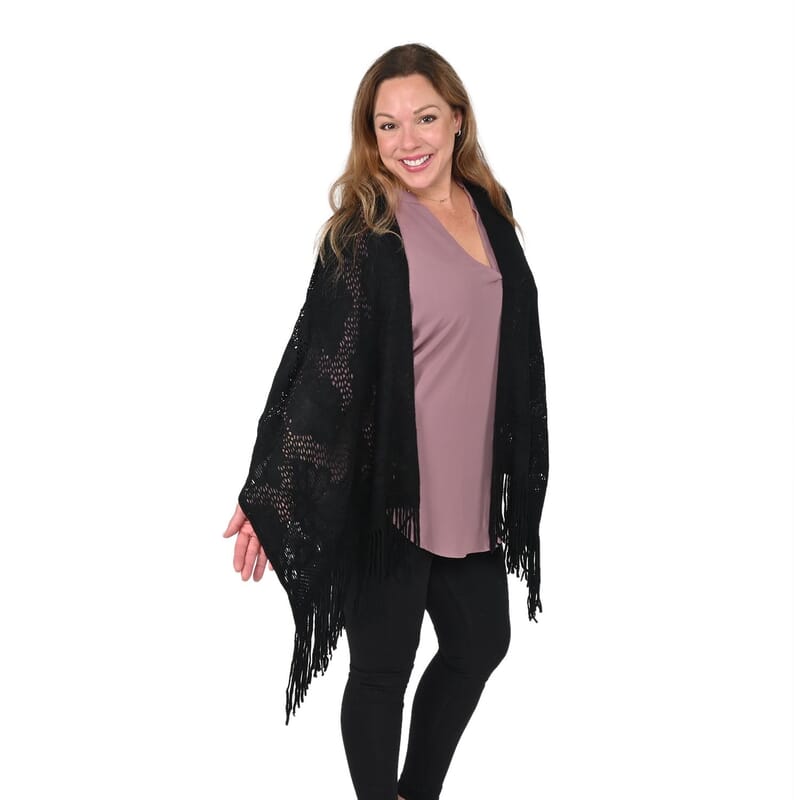 Black Hollow Out Design Poncho with Swinging Tassels