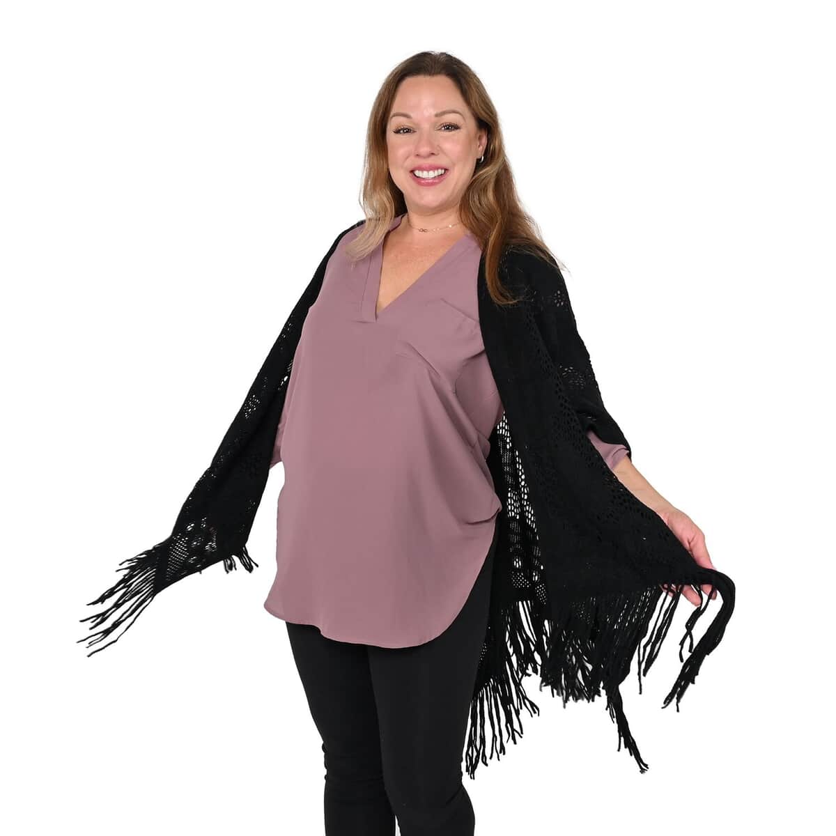 Black Hollow Out Design Poncho with Swinging Tassels image number 3