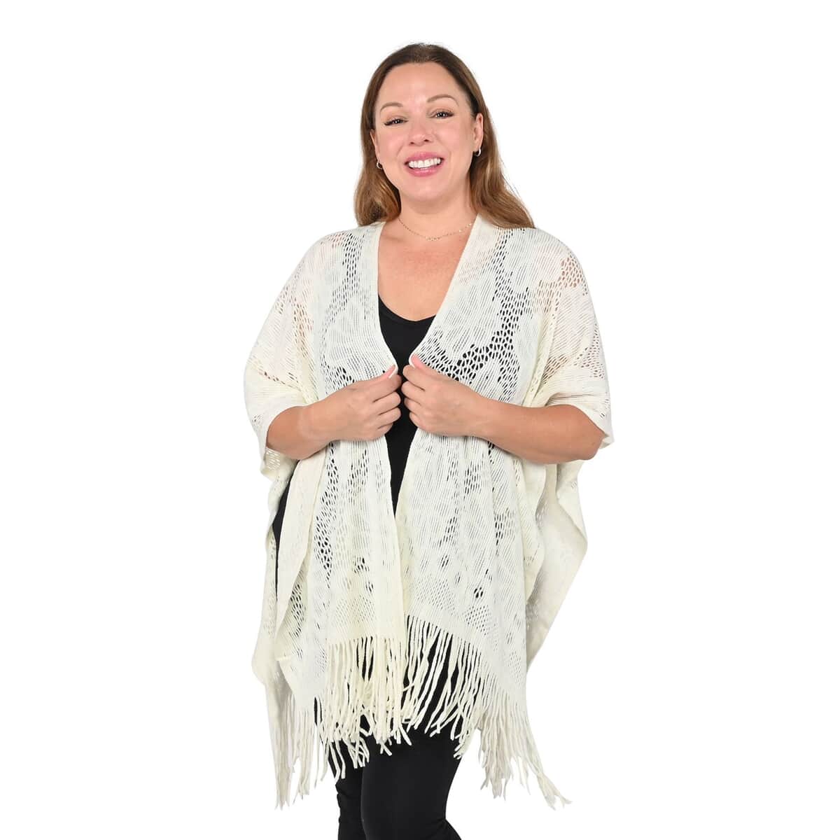 White Hollow Out Design Poncho with Swinging Tassels image number 0