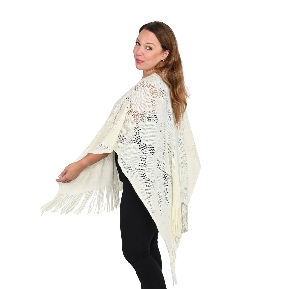 White Hollow Out Design Poncho with Swinging Tassels image number 1